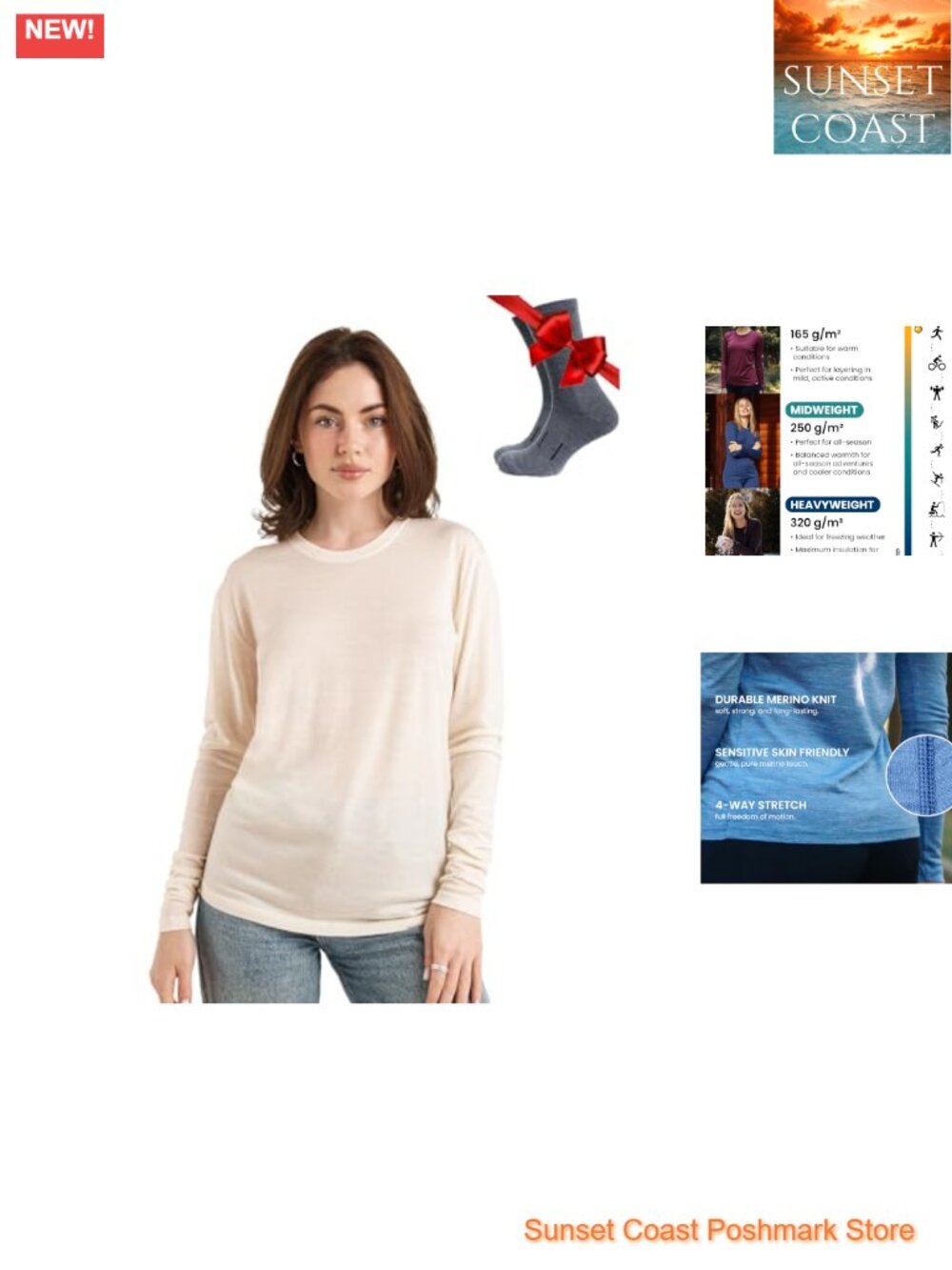 Merino Wool Base Layer Women Long Sleeve Thermal Shirt Socks